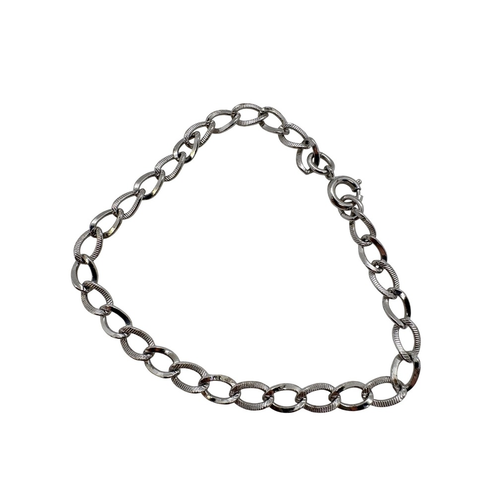 Vintage Sterling Silver Textured Oval Link Charm Bracelet Rhodium Plated 6.75in